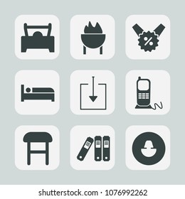 Premium set of fill icons. Such as arrow, profile, fire, automotive, food, sale, room, bed, meat, coupon, avatar, travel, telephone, folder, hotel, percent, communication, file, price, downloading