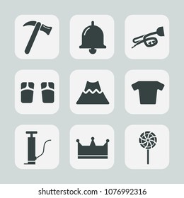Premium set of fill icons. Such as pair, clothes, crater, bell, crown, flip, summer, flop, food, music, beach, tool, spanner, trumpet, holiday, hammer, fashion, musical, alert, vacation, clothing
