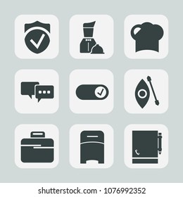 Premium set of fill icons. Such as bag, hat, service, uniform, lake, restaurant, chef, food, double, sea, security, cook, notebook, plate, speech, kitchen, canoe, dinner, river, cuisine, adventure, 