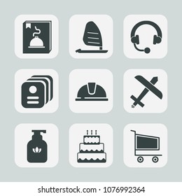 Premium set of fill icons. Such as food, music, sign, sport, wind, trolley, cart, sea, liquid, bottle, water, board, sound, cake, surf, card, helmet, equipment, plane, airplane, identity, soap, button