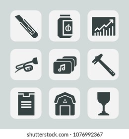 Premium set of fill icons. Such as tool, barn, package, container, chart, jar, wrench, box, musical, wine, up, cut, progress, trend, music, business, file, graph, glass, farming, trumpet, sweet, jam