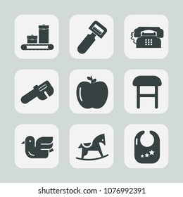 Premium set of fill icons. Such as mobile, home, nature, hammer, comfortable, baggage, luggage, phone, peeler, chair, sign, toy, telephone, animal, wildlife, rattle, kitchen, bag, travel, infant, sky