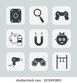 Premium set of fill icons. Such as baby, magnifying, child, mop, bucket, joystick, sad, card, housework, poker, game, cute, dryer, search, clean, hairdryer, zoom, magnet, sport, broom, play, gaming
