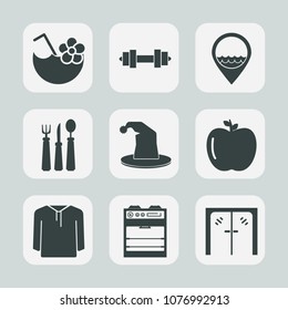 Premium set of fill icons. Such as oven, gym, ice, sport, food, cold, fitness, dinner, drink, cocktail, handle, fruit, clothing, door, location, jacket, architecture, business, cooking, kitchen, job