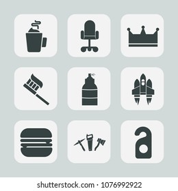 Premium set of fill icons. Such as chair, privacy, espresso, coffee, space, furniture, drink, label, brush, snack, motel, food, paste, health, crown, hot, business, tooth, king, dental, hotel, burger