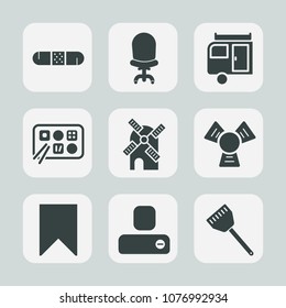 Premium set of fill icons. Such as journey, mill, furniture, emergency, kitchen, power, human, bookmark, caravan, vacation, transport, comfort, meal, wind, restaurant, medicine, camper, trailer, white