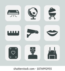 Premium set of fill icons. Such as geography, food, surveillance, security, world, cook, grill, air, global, earth, brush, hospital, doctor, conditioning, meat, camera, temperature, uniform, play, map