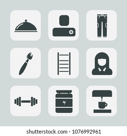 Premium set of fill icons. Such as fitness, machine, jeans, health, human, young, social, girl, gym, add, clothing, brush, person, profile, face, sign, ladder, pants, paint, member, sport, contact