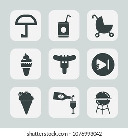 Premium set of fill icons. Such as wine, alcohol, umbrella, video, perambulator, fresh, wheel, barbecue, drink, family, bbq, hotdog, liquid, media, play, sign, meteorology, child, dessert, music, pram