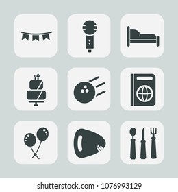Premium set of fill icons. Such as colorful, holiday, fork, food, spoon, entertainment, karaoke, sing, song, cake, studio, kitchen, dessert, pin, musical, bowling, tourism, microphone, singer, event