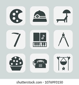 Premium set of fill icons. Such as fireplace, spanner, phone, object, hammer, note, palette, sunbed, divider, art, sea, drawing, travel, sweet, instrument, tool, doughnut, summer, relaxation, hat, hot