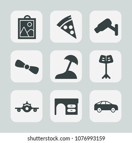 Premium set of fill icons. Such as photo, beach, orchestra, pizza, protection, lunch, work, flight, dinner, gift, departure, left, security, bow, surveillance, sea, food, travel, business, digital