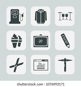 Premium set of fill icons. Such as oil, home, tv, analytics, sound, station, energy, hammer, gardening, food, fuel, website, entertainment, jacket, pruning, dessert, pencil, music, business, drum, ice