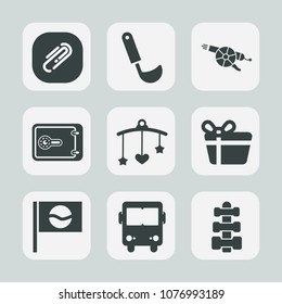 Premium set of fill icons. Such as mobile, gift, safe, cooking, celebration, page, kitchen, fastener, gun, utensil, ladle, military, cook, transport, document, gym, spoon, clip, toy, kitchenware, baby