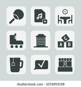 Premium set of fill icons. Such as education, city, alphabet, time, leisure, skate, market, tennis, play, drink, game, tea, computer, file, racket, store, happy, architecture, man, roller, shoe, home