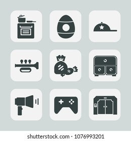 Premium set of fill icons. Such as communication, lollipop, play, spring, tradition, egg, elevator, colorful, oven, instrument, sweet, baseball, cap, megaphone, food, headwear, cooking, kitchen, sign
