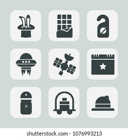 Premium set of fill icons. Such as candy, dessert, magic, food, satellite, wand, style, sign, dark, hotel, brown, door, magician, event, snack, salt, quiet, hat, star, spacecraft, alien, bellboy, ufo