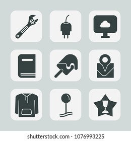 Premium set of fill icons. Such as tool, charger, cloud, electric, energy, internet, place, phone, book, location, repair, library, wrench, jacket, spanner, power, map, equipment, clothing, literature