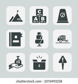 Premium set of fill icons. Such as trailer, element, telephone, dessert, street, journey, summer, bag, traffic, nature, background, container, book, exclamation, doughnut, white, danger, package, pack