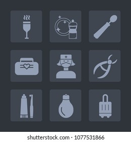 Premium set of fill icons. Such as clean, baggage, health, glass, fashion, bottle, red, wineglass, spoon, dentist, bucket, power, clinic, winery, toothbrush, bag, housework, drink, light, dinner, idea
