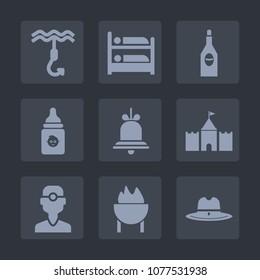 Premium set of fill icons. Such as cowboy, sign, room, fishing, drink, baby, notification, restaurant, bell, travel, metal, dental, grill, food, dentistry, beverage, tower, hook, wineglass, hostel