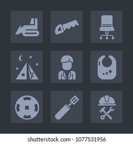 Premium set of fill icons. Such as poker, home, outdoor, camp, travel, armchair, toy, work, hydraulic, foreman, infant, cooking, vehicle, helmet, interior, equipment, style, man, industry, casino, boy