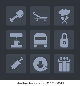 Premium set of fill icons. Such as account, bus, construction, box, machine, vehicle, tool, lock, celebration, clinic, passenger, exercise, seat, dentist, safety, kitchen, add, shovel, dentistry, key