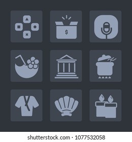 Premium set of fill icons. Such as play, package, bank, cocktail, finance, business, sea, sign, seashell, carton, shipping, fashion, sound, fun, summer, radio, packaging, pack, cardboard, glass, shell