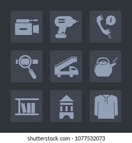 Premium set of fill icons. Such as lens, contact, graphic, tower, research, electric, truck, movie, tea, white, transport, call, laptop, media, film, library, jacket, optimization, marketing, phone