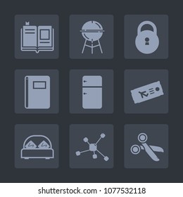 Premium set of fill icons. Such as protection, meat, literature, education, grill, notebook, safety, plane, fridge, library, barbecue, knowledge, business, fire, ticket, grilling, bedroom, bed, paper