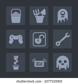 Premium set of fill icons. Such as equipment, container, lock, pot, monster, handle, hammer, ufo, white, green, beach, fiction, plant, wrench, water, background, joystick, toy, room, character, alien