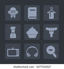 Premium set of fill icons. Such as audio, alien, education, shop, fashion, vehicle, dessert, head, screen, textbook, restaurant, hang, food, kitchen, learning, sweet, clothing, web, literature, space