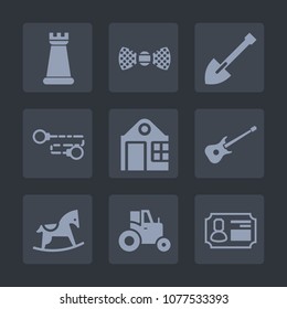 Premium set of fill icons. Such as farm, play, white, equipment, suit, guitar, id, elegance, screwdriver, estate, building, musical, cute, chess, music, tie, clothing, horse, identity, child, house