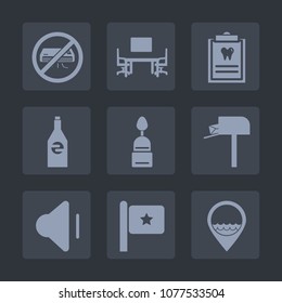 Premium set of fill icons. Such as bottle, clinic, music, sign, mailbox, drink, sound, desk, audio, food, beverage, volume, job, patient, background, doughnut, post, top, air, box, cake, white, sweet