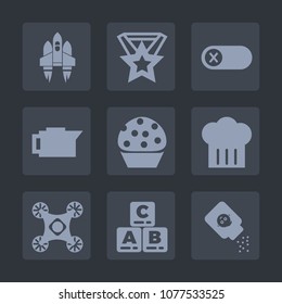 Premium set of fill icons. Such as ship, child, drone, chief, science, rocket, food, childhood, drink, satellite, deactivate, baby, espresso, doughnut, turn, camera, powder, white, shuttle, award, kid