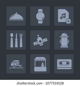 Premium set of fill icons. Such as trailer, time, audio, vacation, fork, cassette, retro, restaurant, grocery, document, space, caravan, smart, technology, fire, shop, planet, market, travel, watch