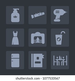 Premium set of fill icons. Such as fridge, book, dress, musical, bottle, health, equipment, harp, christmas, fire, music, fresh, warm, restaurant, home, female, hygiene, sound, bath, drink, telephone