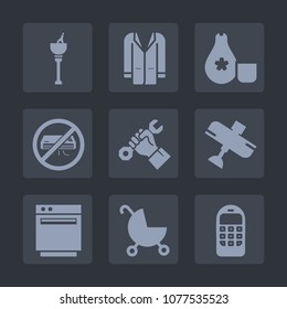 Premium set of fill icons. Such as glass, child, cuisine, jacket, plane, stroller, flight, drink, food, gas, bottle, conditioner, aircraft, communication, kitchen, construction, japan, air, builder