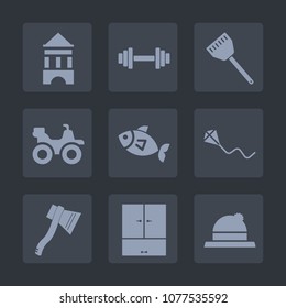 Premium set of fill icons. Such as dumbbell, technology, cooking, fish, sea, sky, dirt, bike, fun, gym, sport, fashion, outdoor, tool, seafood, quad, hat, sand, chef, network, weight, clothing, road