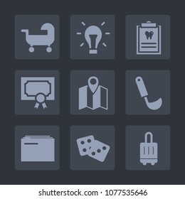 Premium set of fill icons. Such as dice, dental, kid, airport, achievement, child, travel, idea, dentist, ladle, cooking, success, energy, business, luggage, map, pin, baggage, pram, carriage, award