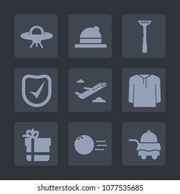 Premium set of fill icons. Such as hat, sport, bowling, science, flight, space, departure, aircraft, fun, travel, box, gift, galaxy, sign, alien, clothing, object, baseball, secure, ufo, hotel, pin