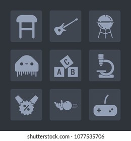 Premium set of fill icons. Such as biology, concert, rock, guitar, space, sign, musical, monster, microscope, ball, modern, fiction, grill, armchair, game, comfortable, barbecue, joystick, furniture