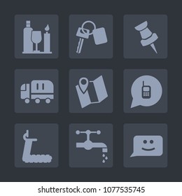 Premium set of fill icons. Such as tap, key, call, alcohol, map, gym, sport, pin, chat, drink, smile, truck, face, automobile, treadmill, water, transport, transportation, travel, communication, new