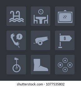 Premium set of fill icons. Such as weapon, food, tv, time, man, dinner, call, game, circus, money, happy, computer, war, contact, table, swim, sign, old, media, entertainment, room, water, fun, play