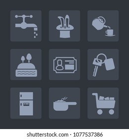 Premium set of fill icons. Such as car, cart, cup, doughnut, metal, id, wand, faucet, automobile, vehicle, dessert, business, food, card, key, freezer, bathroom, dish, sweet, kitchen, clean, water