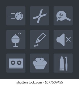 Premium set of fill icons. Such as toothbrush, football, pruning, pot, food, garden, kitchen, sport, ice, volume, scissors, dessert, gardening, health, toothpaste, dental, water, casette, cooking, pan