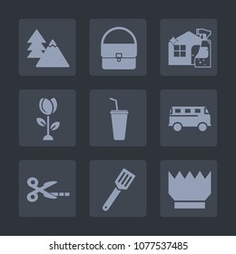 Premium set of fill icons. Such as trunk, pan, juice, blossom, spring, accessory, crown, food, green, female, landscape, bus, cooking, plant, drink, transportation, fashion, kitchen, tree, spray, mop