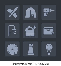 Premium set of fill icons. Such as work, shower, game, spaceship, jump, technology, tourism, add, satellite, nature, landscape, piece, parachute, cd, travel, hand, science, bath, bag, ship, strategy