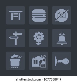 Premium set of fill icons. Such as spray, cleaner, snack, door, pot, cheeseburger, notification, bell, dinner, food, blossom, house, banner, alert, japanese, sandwich, security, gate, housework, fast