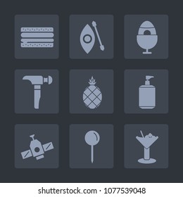 Premium set of fill icons. Such as orbit, kayak, bar, tropical, sandwich, space, saw, adventure, planet, dinner, clean, construction, hamburger, alcohol, soap, water, decoration, fast, food, meal, map